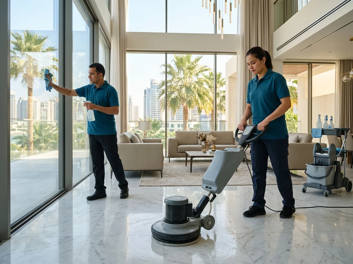 Professional Zamqore cleaning team performing intensive villa deep clean in the UAE